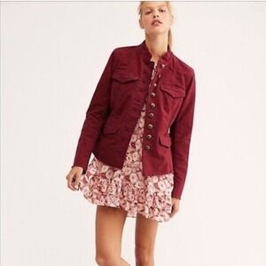 Free People Ella Sergeant Style Cropped Jacket Burgandy Gold Button Fringe Women